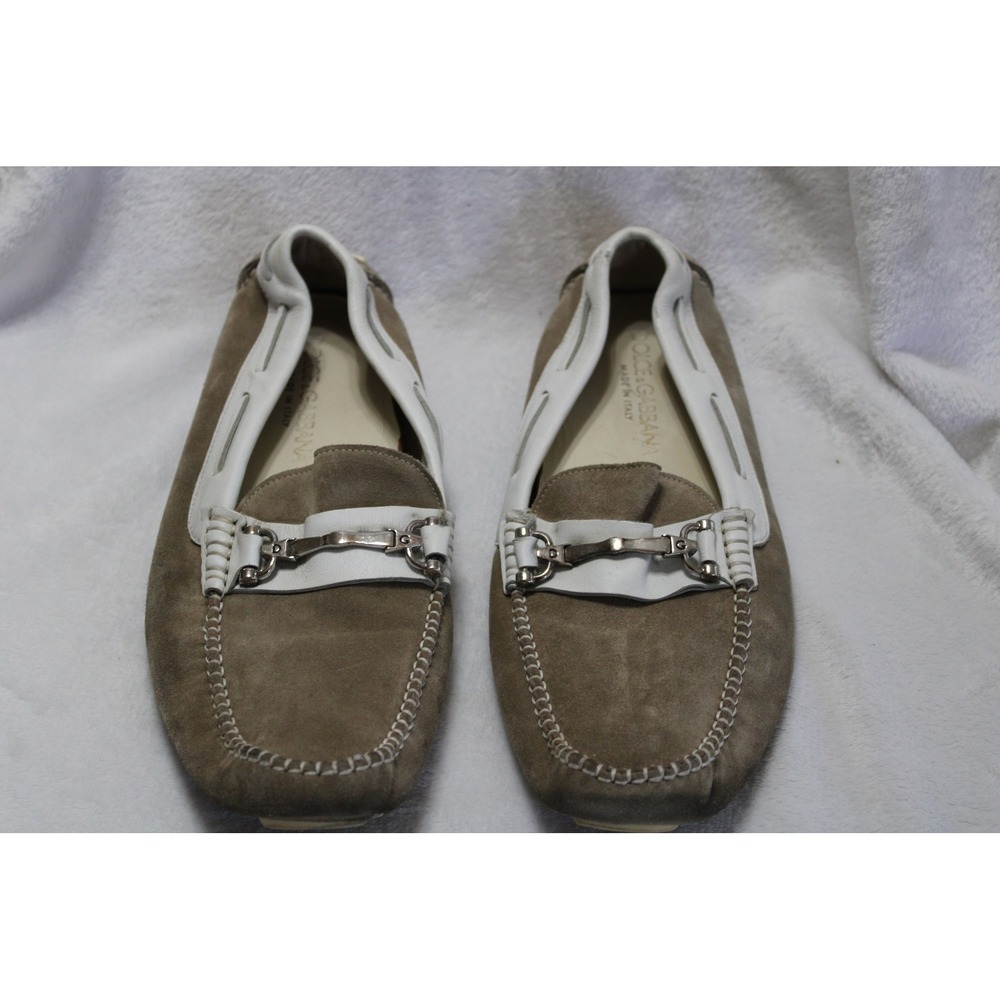 Dolce & Gabbana Mens Suede Leather Horsebit Driving Loafers Taupe White Size 9